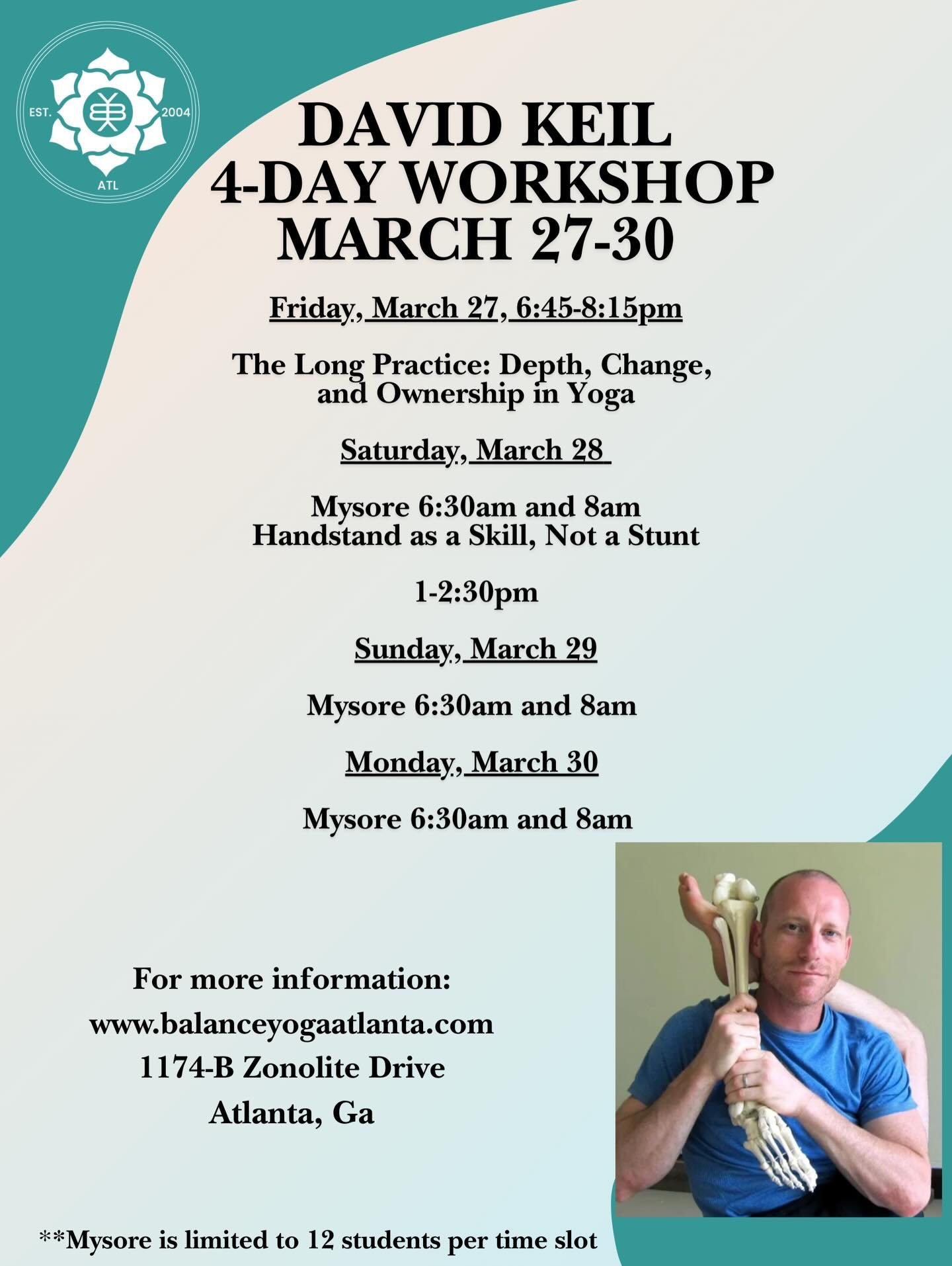 David Keil will be back at Balance in March and we cannot wait! David has a great way of supporting your practice without being overbearing. He gives space and guidance with precision! There are only about 15 spaces still available for Mysore and the