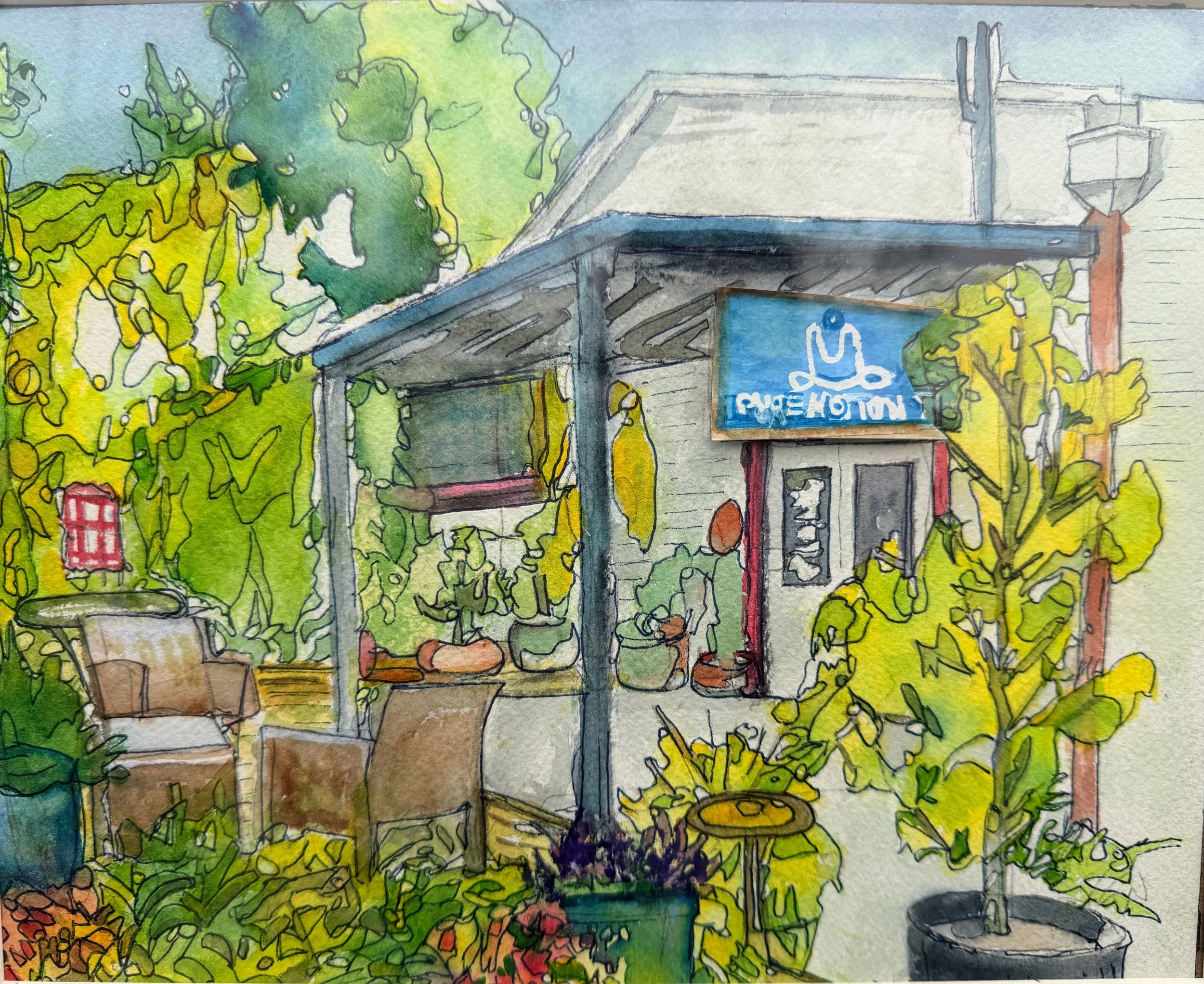 Watercolor illustration of a small outdoor space with a covered patio, surrounded by lush green plants and trees. There is a blue sign with the name Pure Motion Yoga and various potted plants and furniture, creating a cozy and vibrant atmosphere.