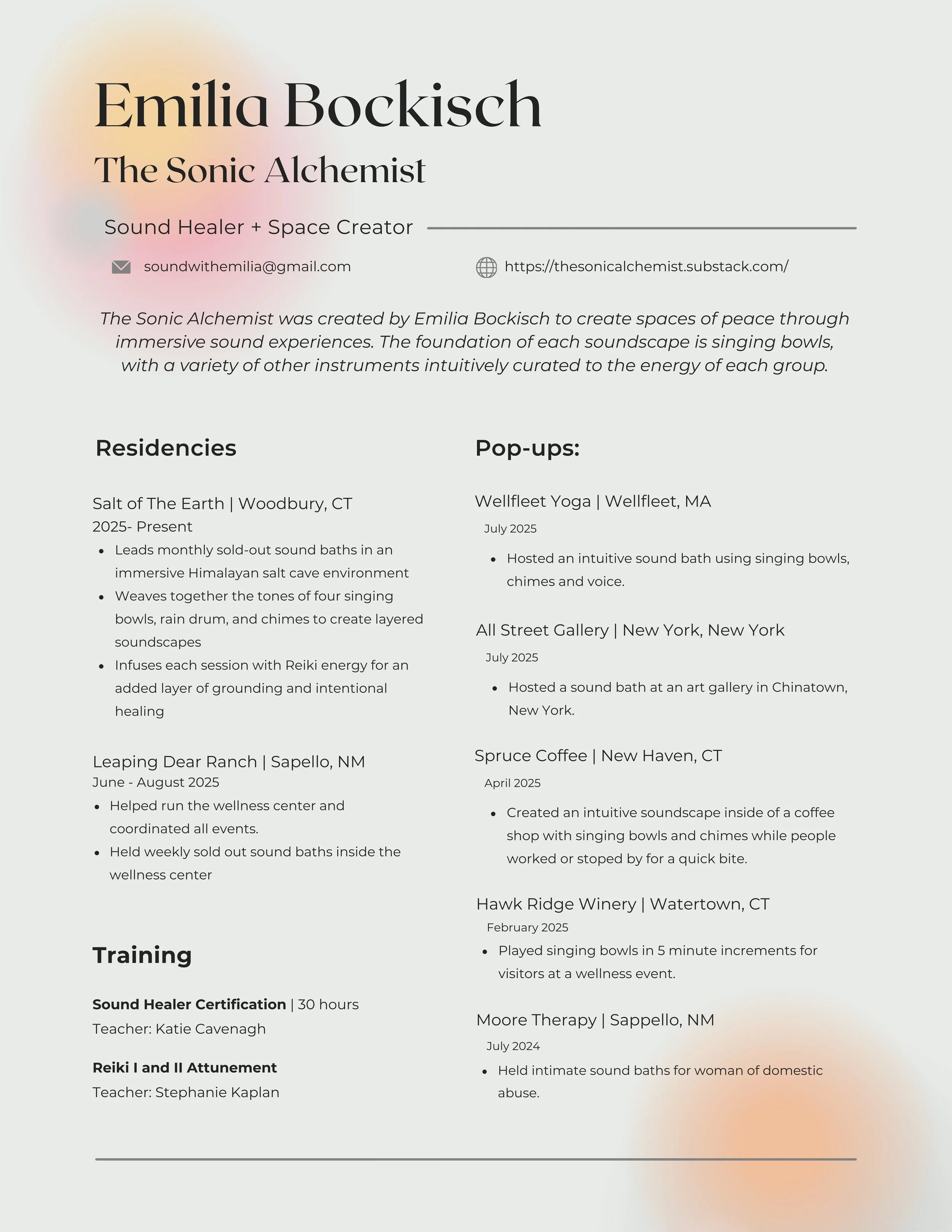 A resume or professional profile of Emilia Bockisch, titled 'The Sonic Alchemist,' highlighting her work as a sound healer and space creator, with sections for residences, pop-ups, and training, including contact information and a brief description o