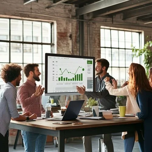 Team discussing financial growth reports during a business meeting — collaborative bookkeeping and financial analysis.