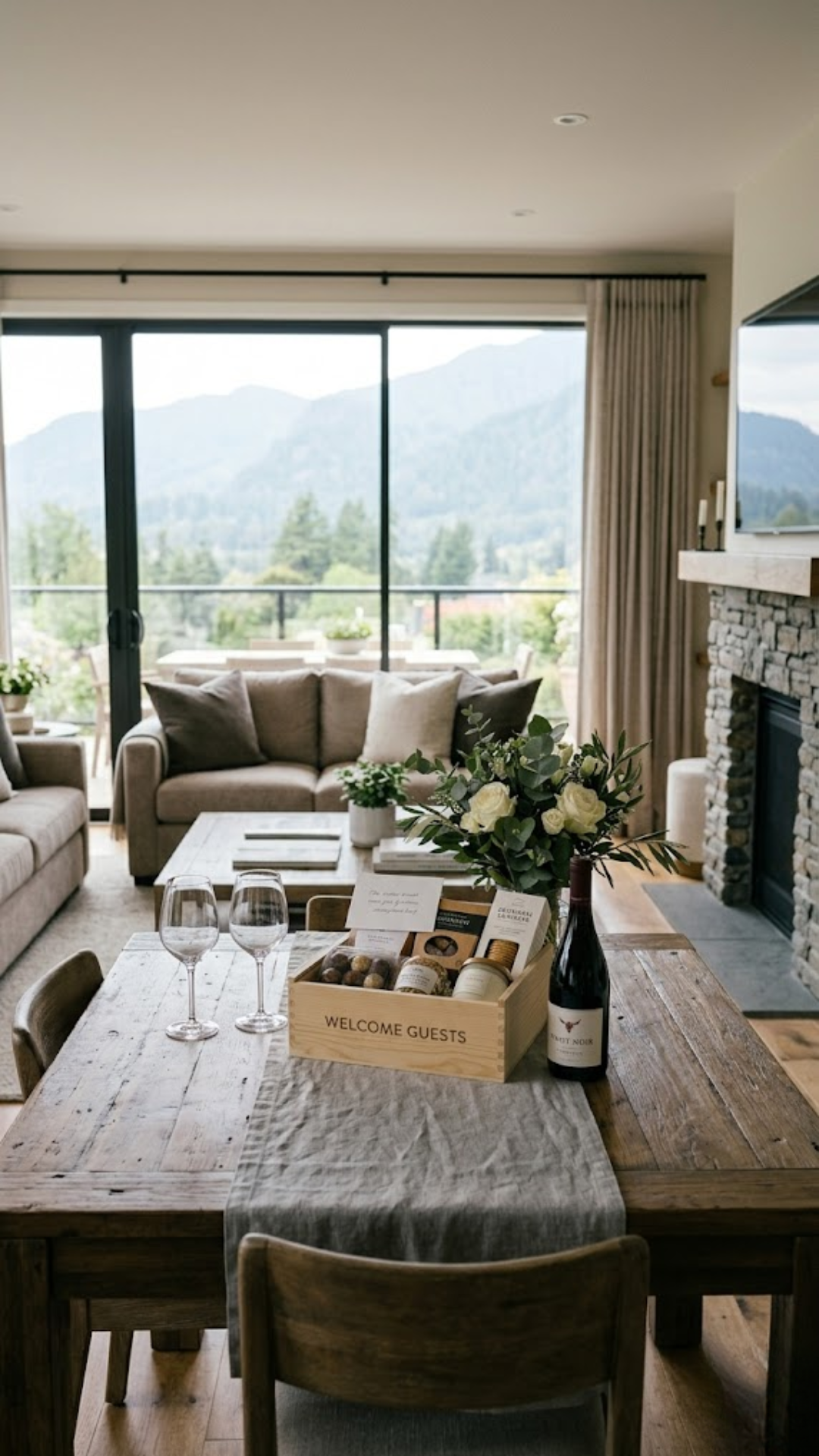 Luxury concierge support services for Sedona vacation rentals, featuring a staged welcome basket and wine on a rustic table with mountain views.