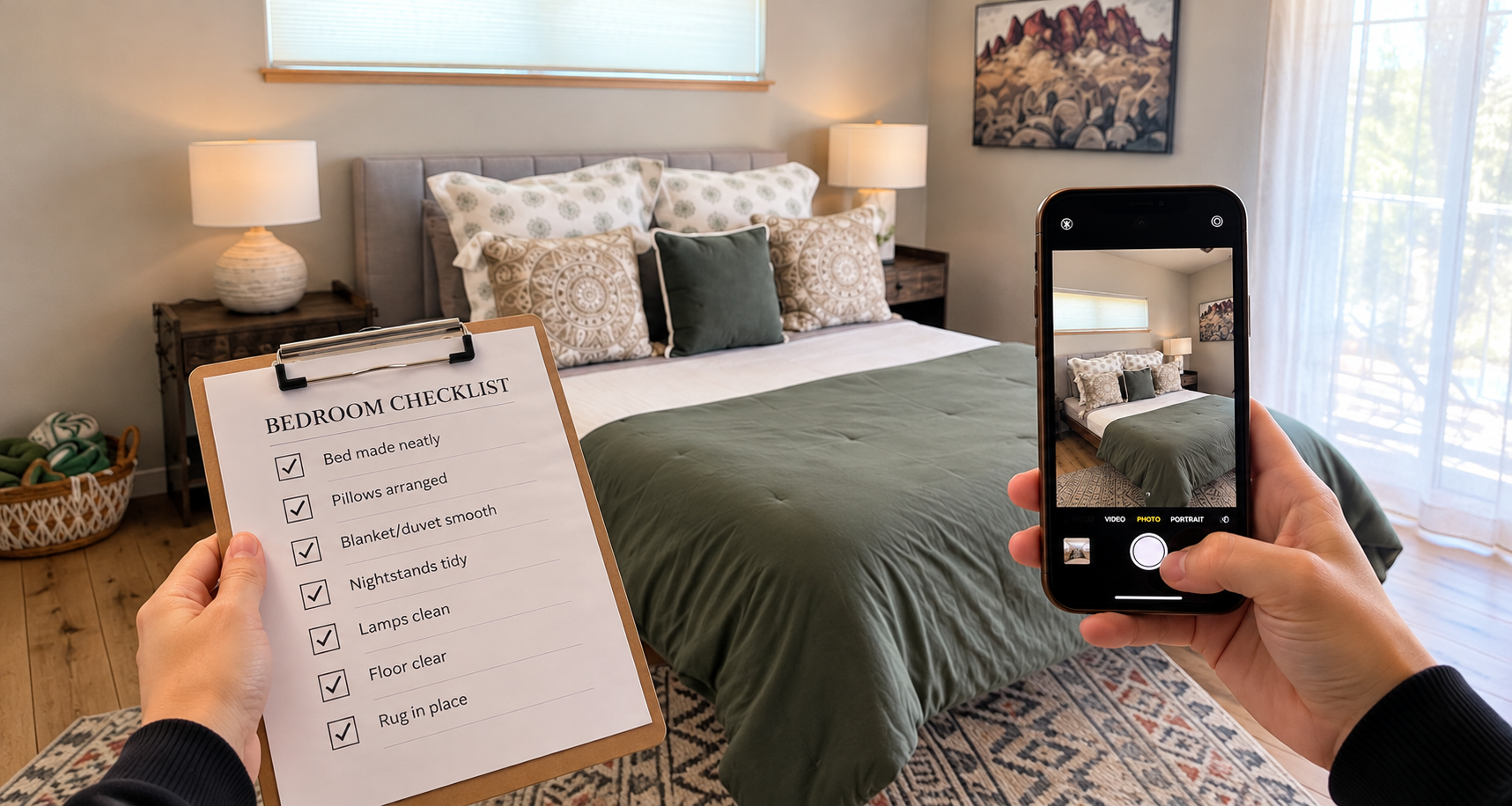 Desert Haven team member taking a report photo of a made bed during a vacation rental turnover in Sedona.