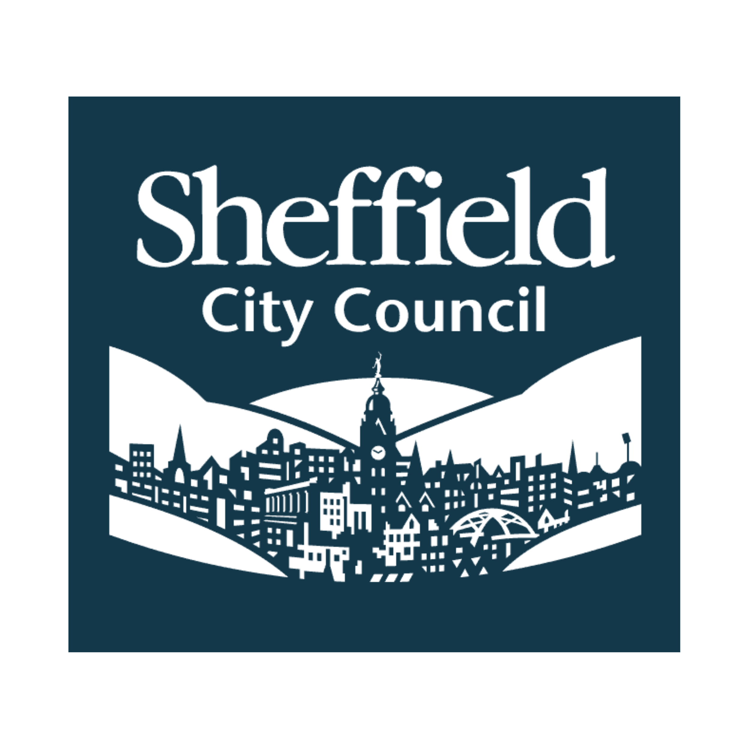 Logo of Sheffield City Council featuring a cityscape with buildings, a clock tower, and hills in the background.