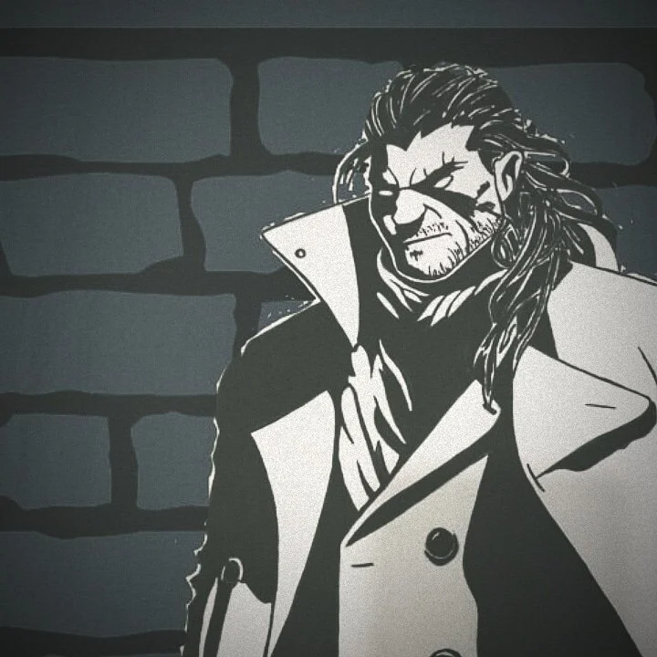 artistic depiction of "Afraig Valmont' a black and white drawing of a man in a trench coat standing in front of a brick wall