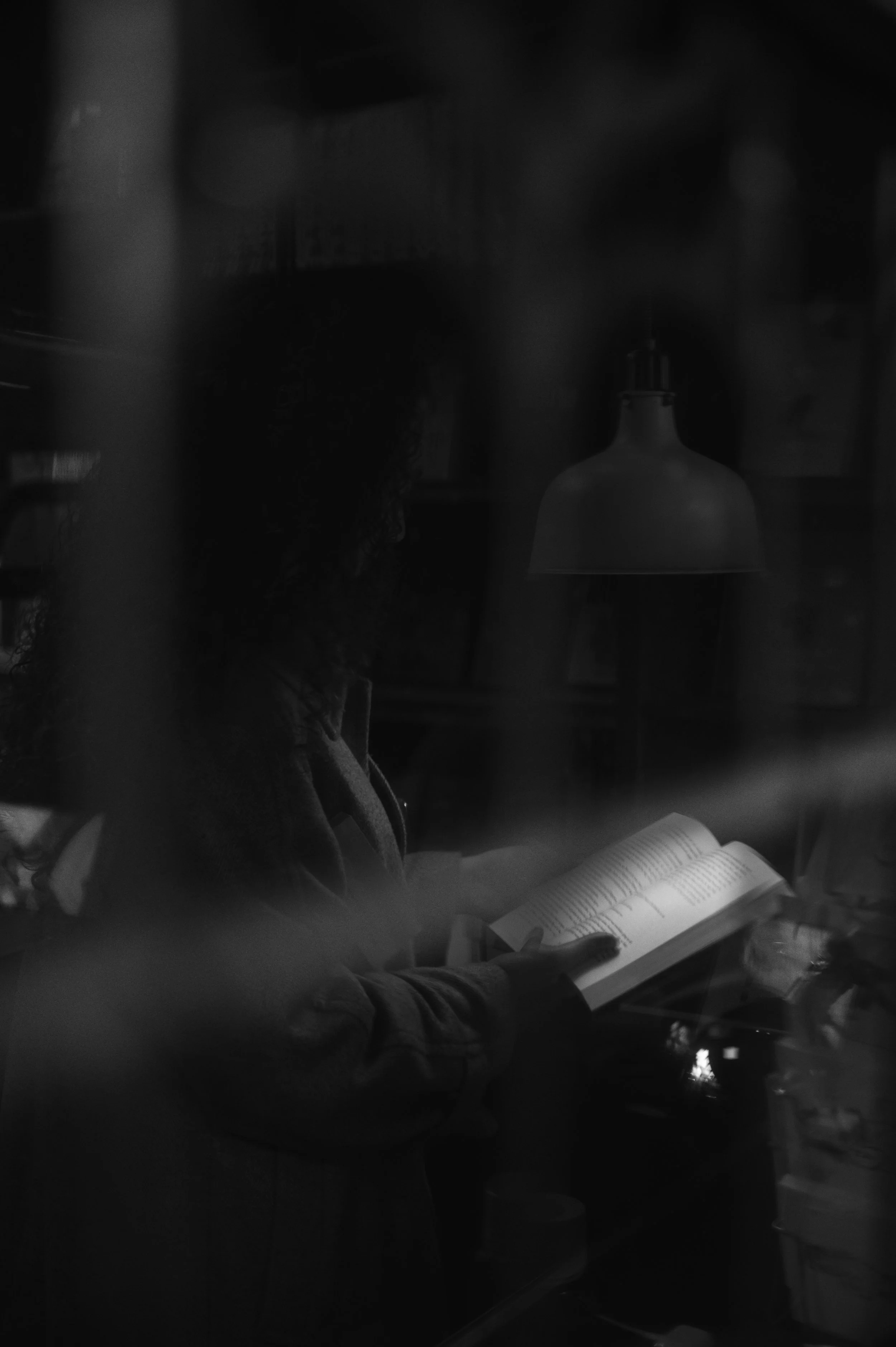 Een persoon leest een boek, met een boek in de hand, binnen in een ruimte met een lamp aan het plafond.