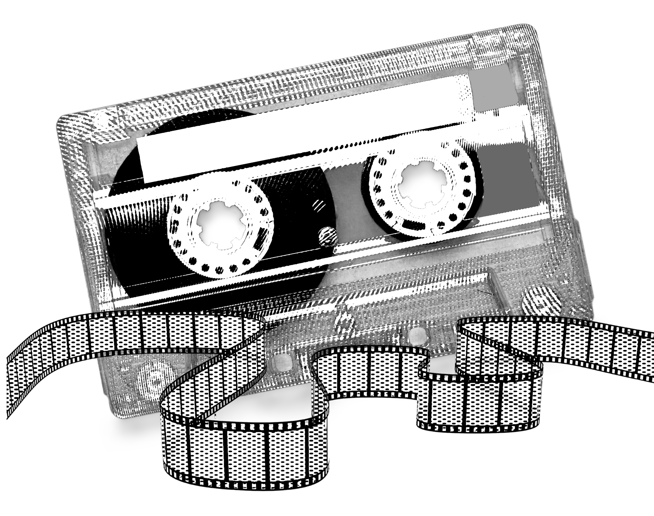 Zwart-wit afbeelding van een cassettebandje.