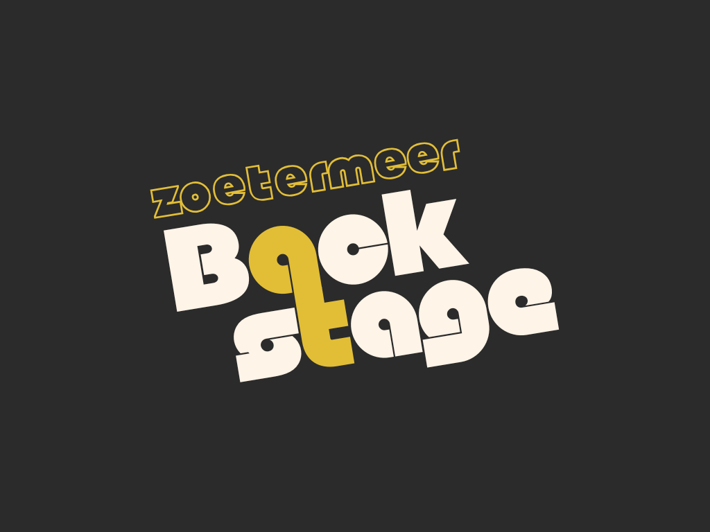 Logo met de tekst 'zoetermeer BACKSTAGE' op een zwarte achtergrond, met een speelse en gestileerde letterstijl.