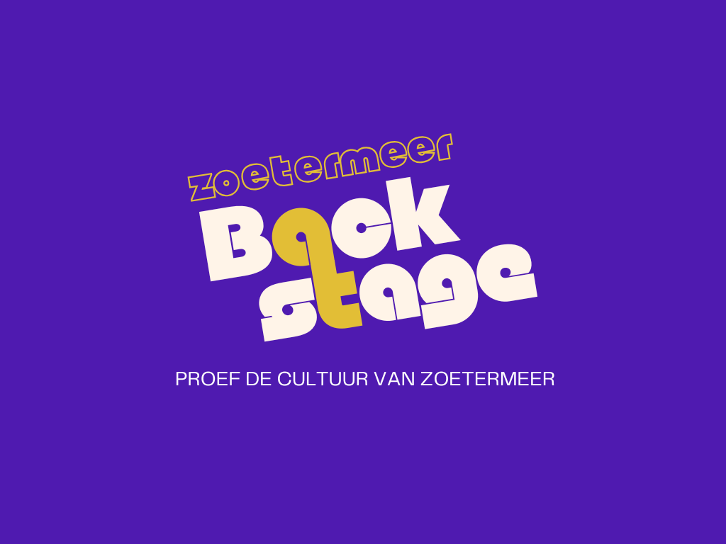 Logo met de woorden "zoetermeer back stage" en de tekst "PROEF DE CULTUUR VAN ZOETERMEER" op een paarse achtergrond.
