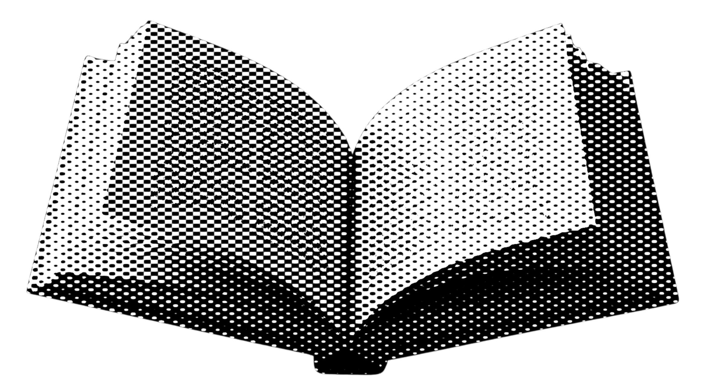Opeens half opengeslagen boek met een halftone-effect stijl op een zwarte achtergrond.