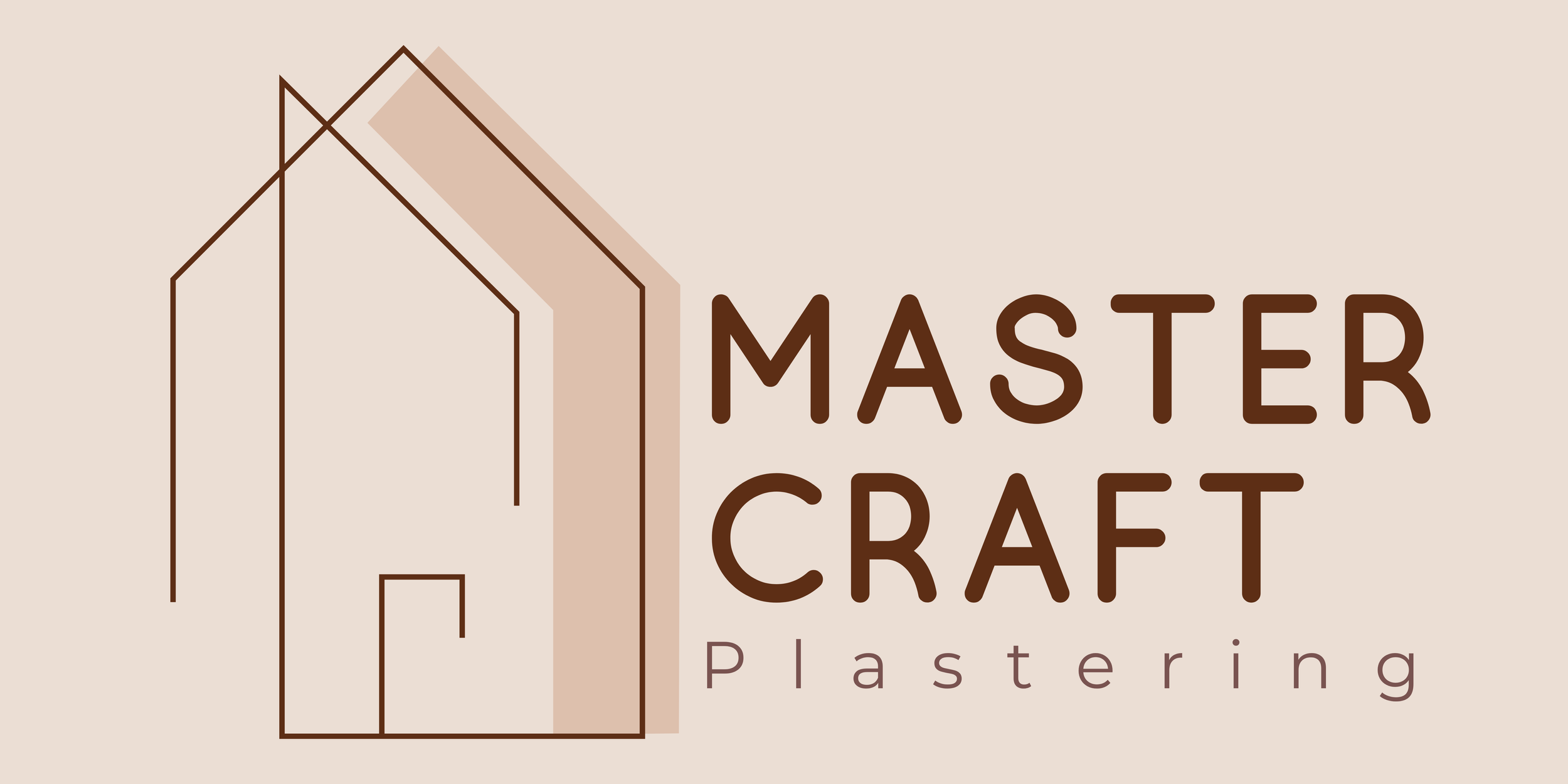 Logo for Master Craft Plastering featuring an outline of a house next to the text 'MASTER CRAFT Plastering' in brown on a beige background.