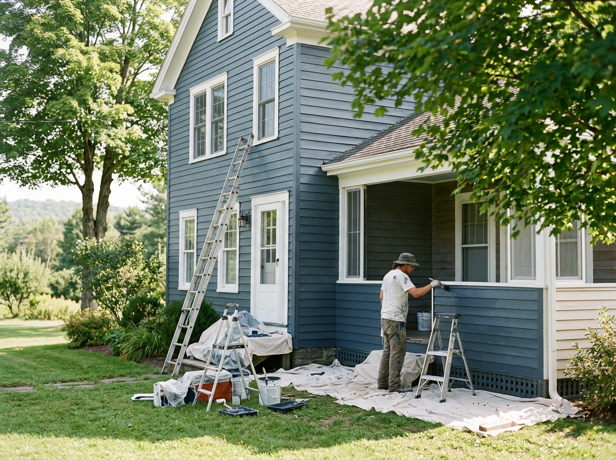 A person painting the exterior wall of a blue house on a sunny day, with ladders and painting supplies nearby, surrounded by green trees and grass.