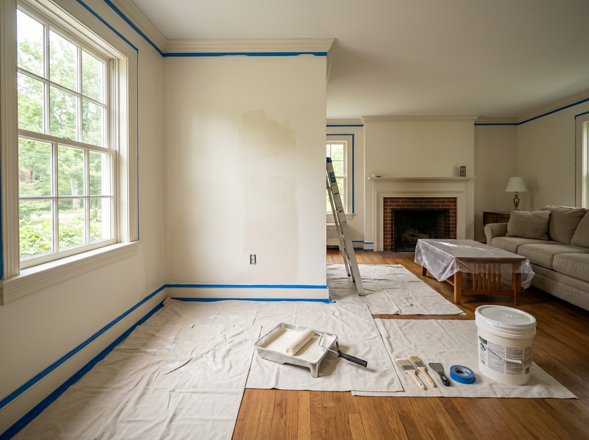 Living room under renovation with painter's tape along ceiling and baseboards, painting supplies including roller, tray, brushes, and bucket of white paint on drop cloths on hardwood floor.