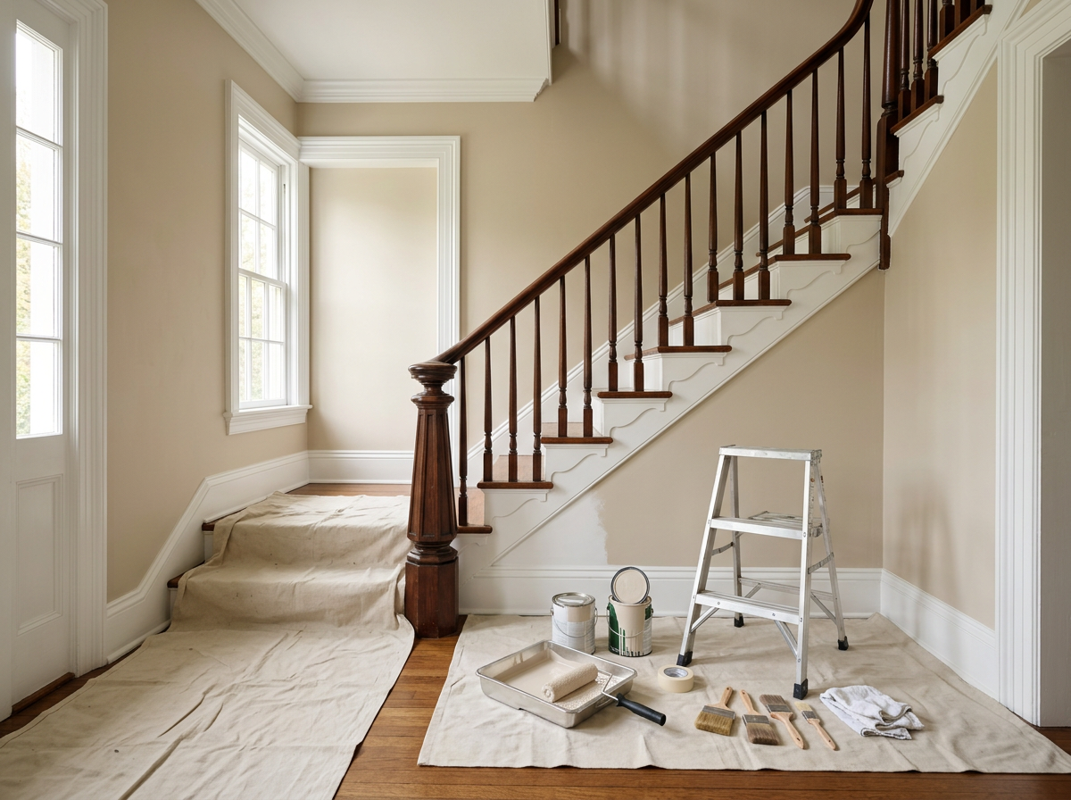 Interior of a house entryway under renovation, with beige walls, large windows, a wooden staircase with spindles, a step ladder, paint cans, brushes, roller, painter's tape, and a drop cloth on the hardwood floor.