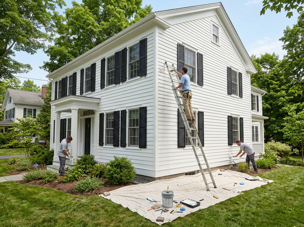 People painting the exterior of a large white house with black shutters, using ladders and tools, on a sunny day.