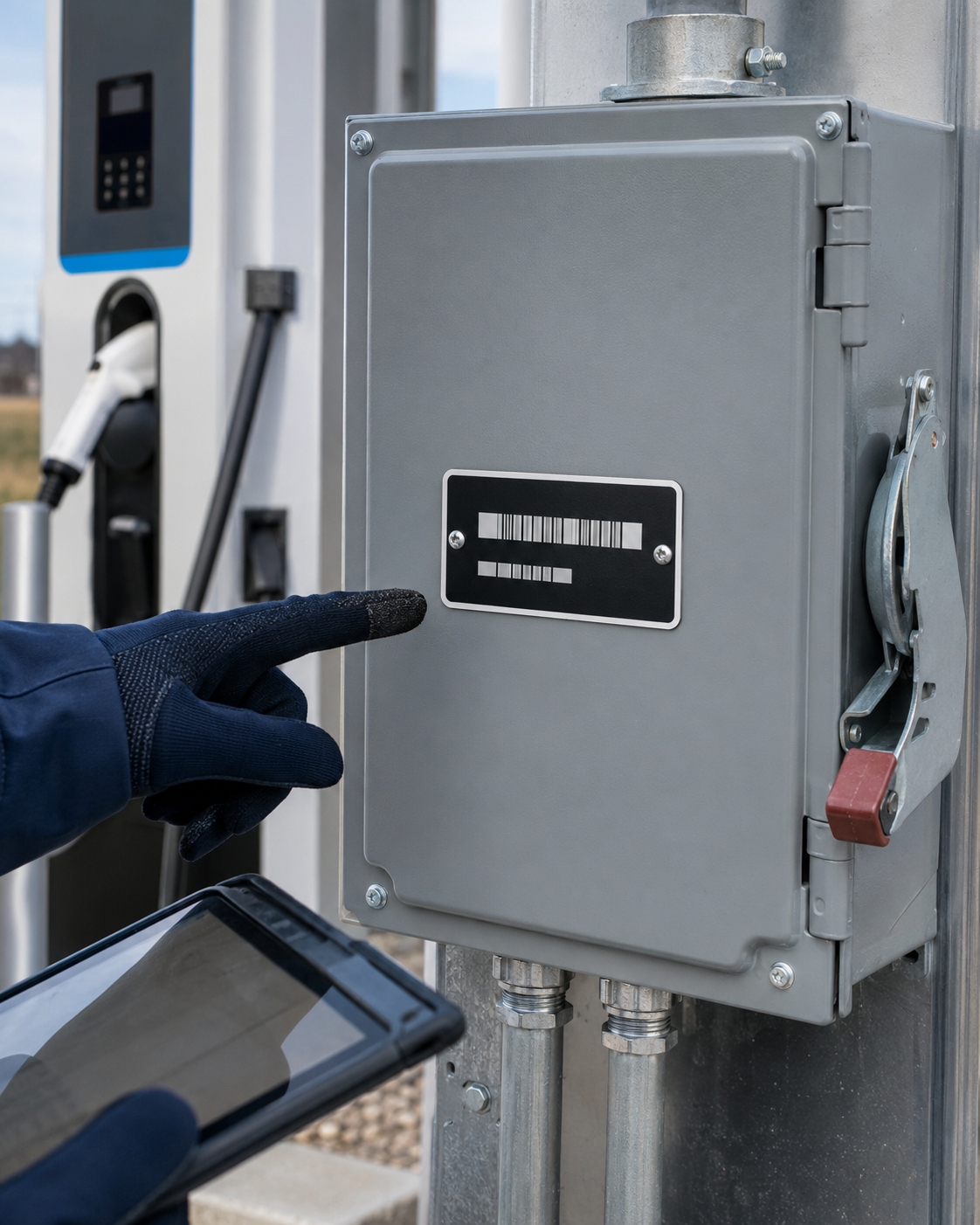 Technician validating an identification label on EV charging equipment