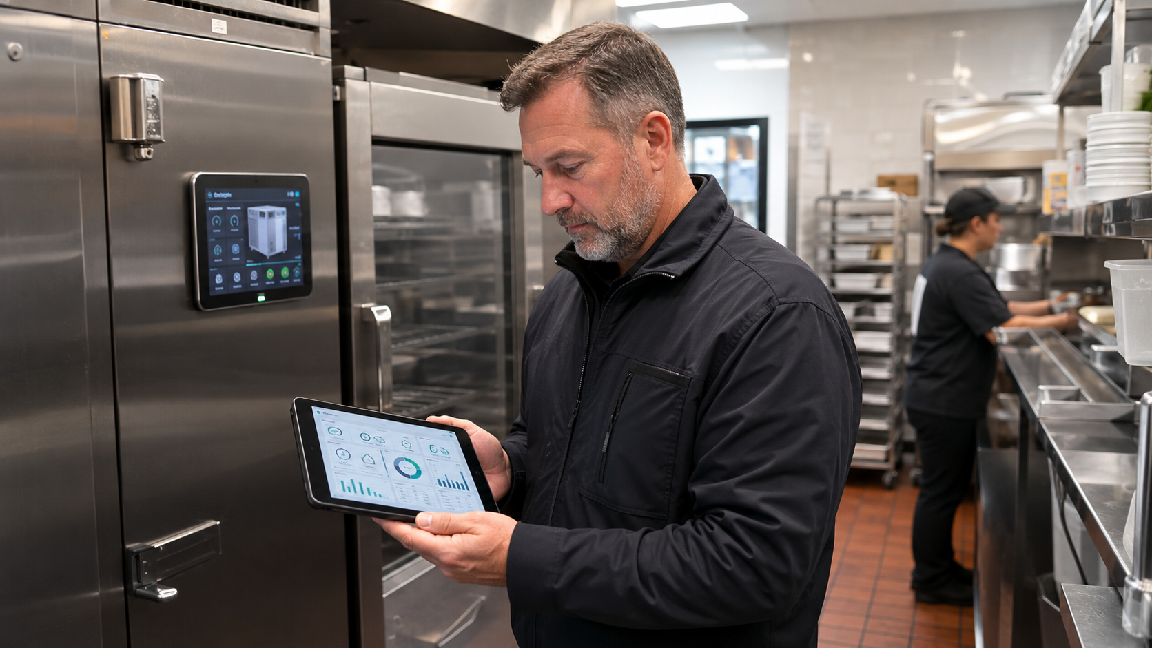 Restaurant facilities manager reviewing energy and refrigeration performance