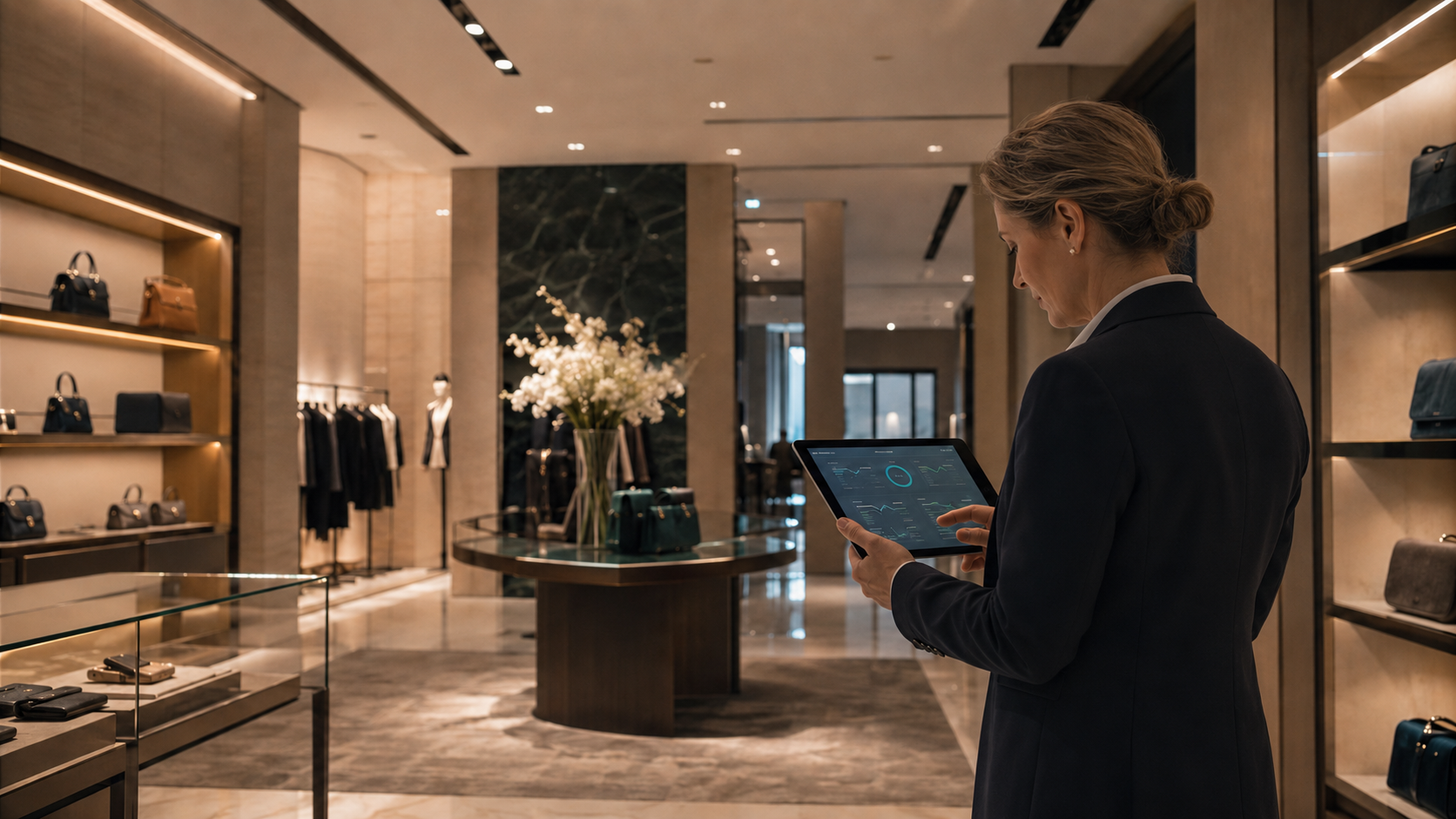 Female facilities professional reviewing energy performance in a luxury retail store