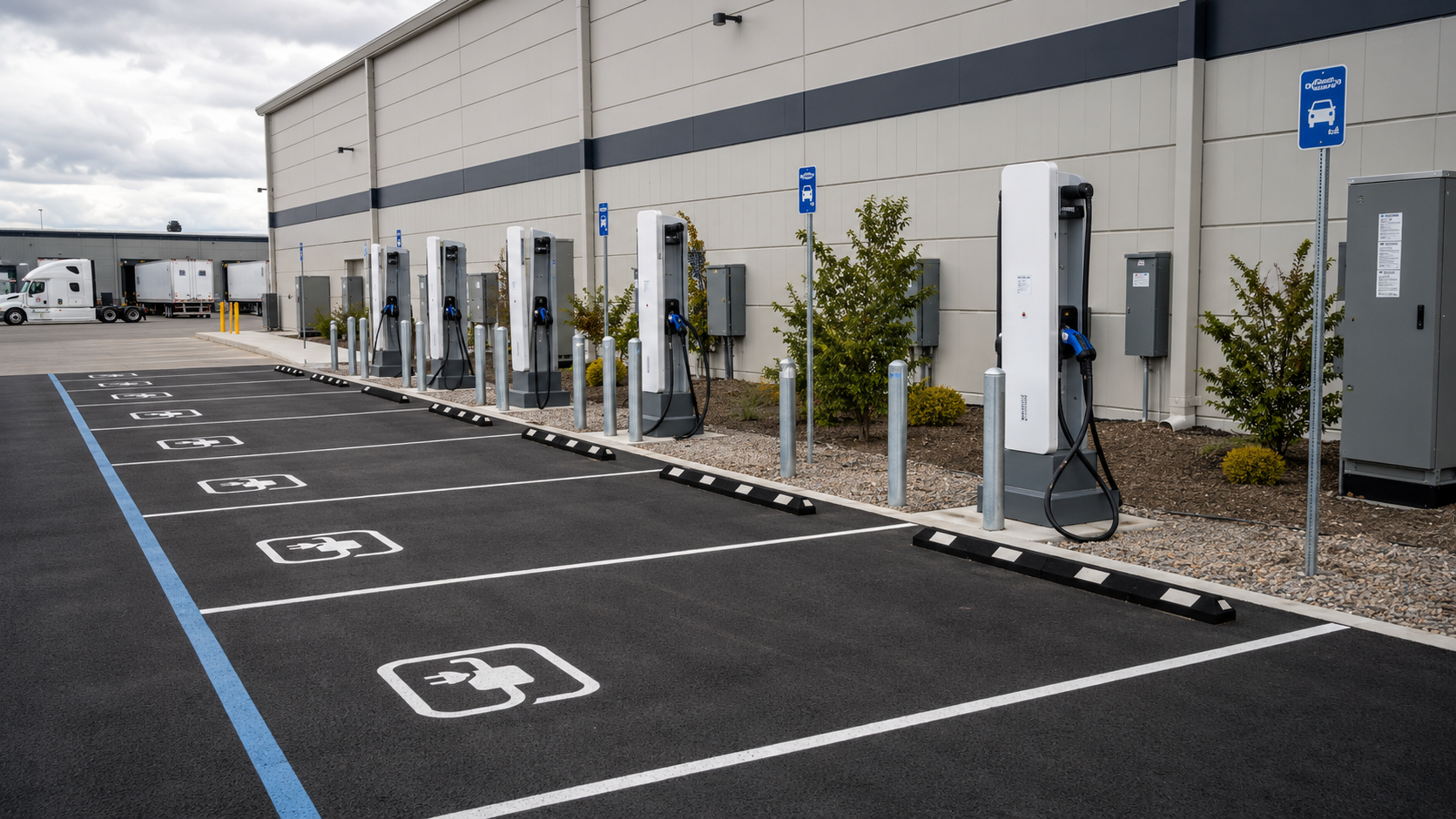 Commercial EV chargers and designated fleet parking spaces