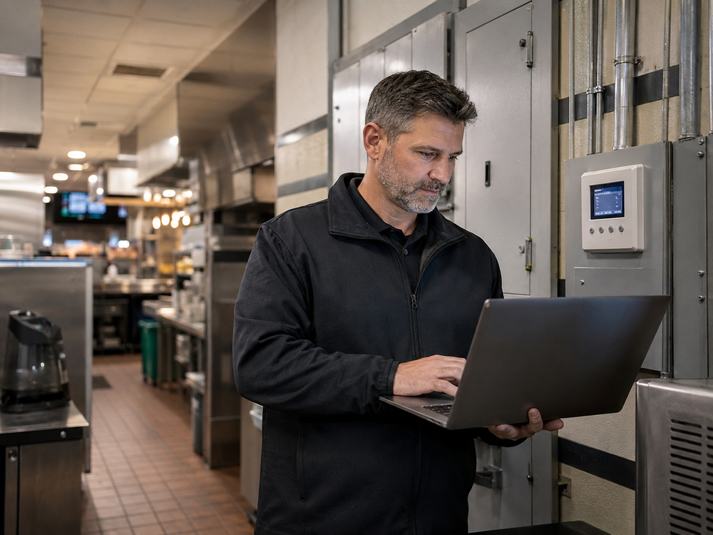 Restaurant facilities manager reviewing HVAC and energy controls on a laptop