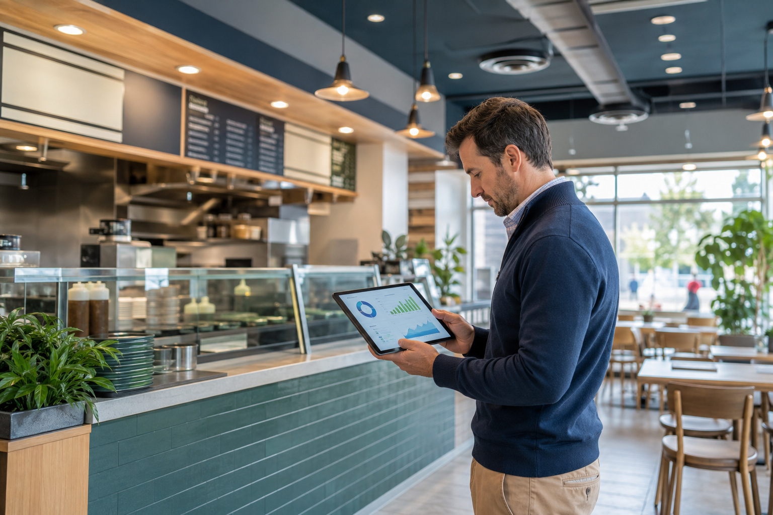Restaurant operations manager reviewing energy performance data on a tablet inside a modern fast-casual restaurant.