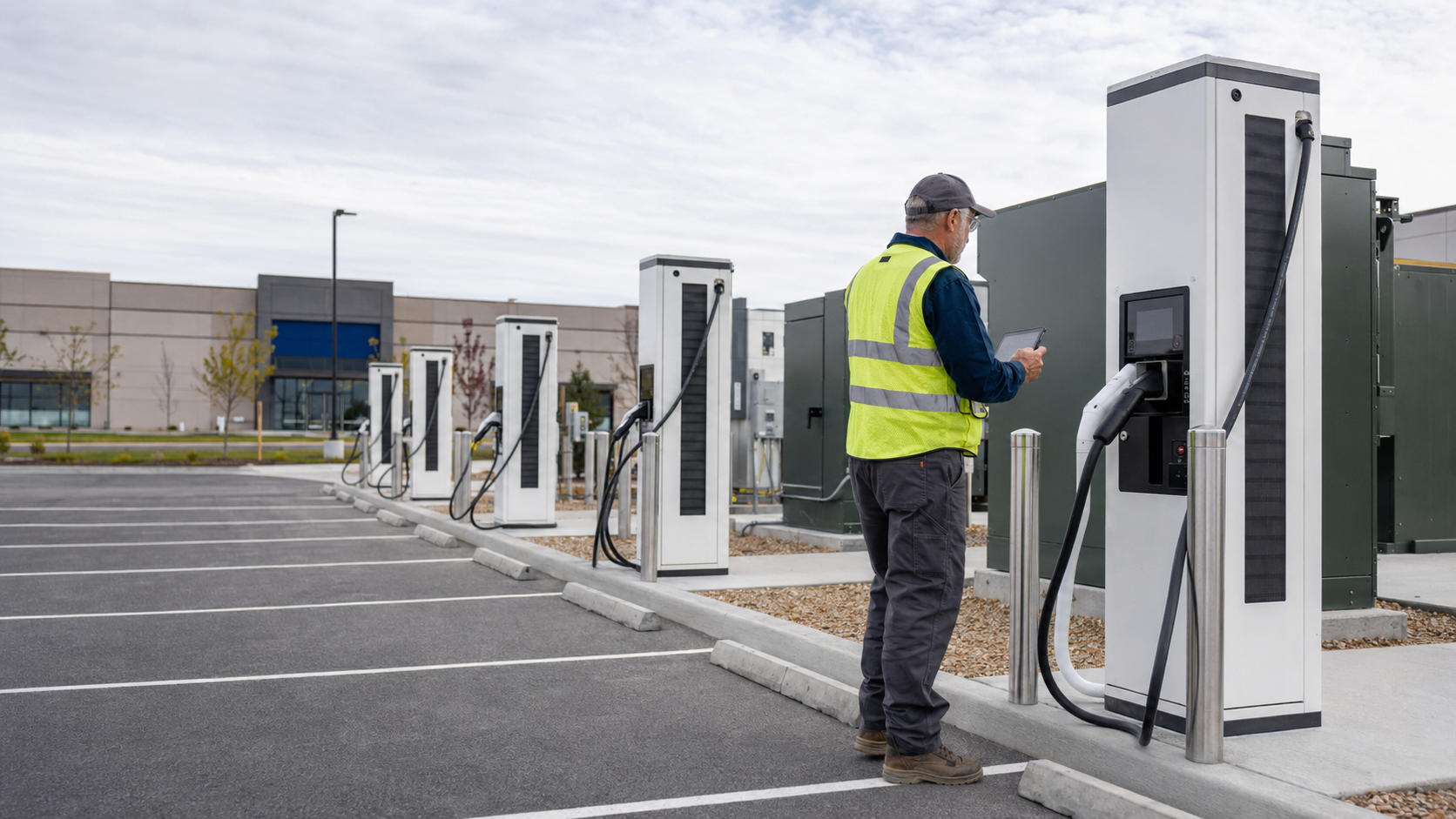 Field technician inspecting commercial EV charging infrastructure