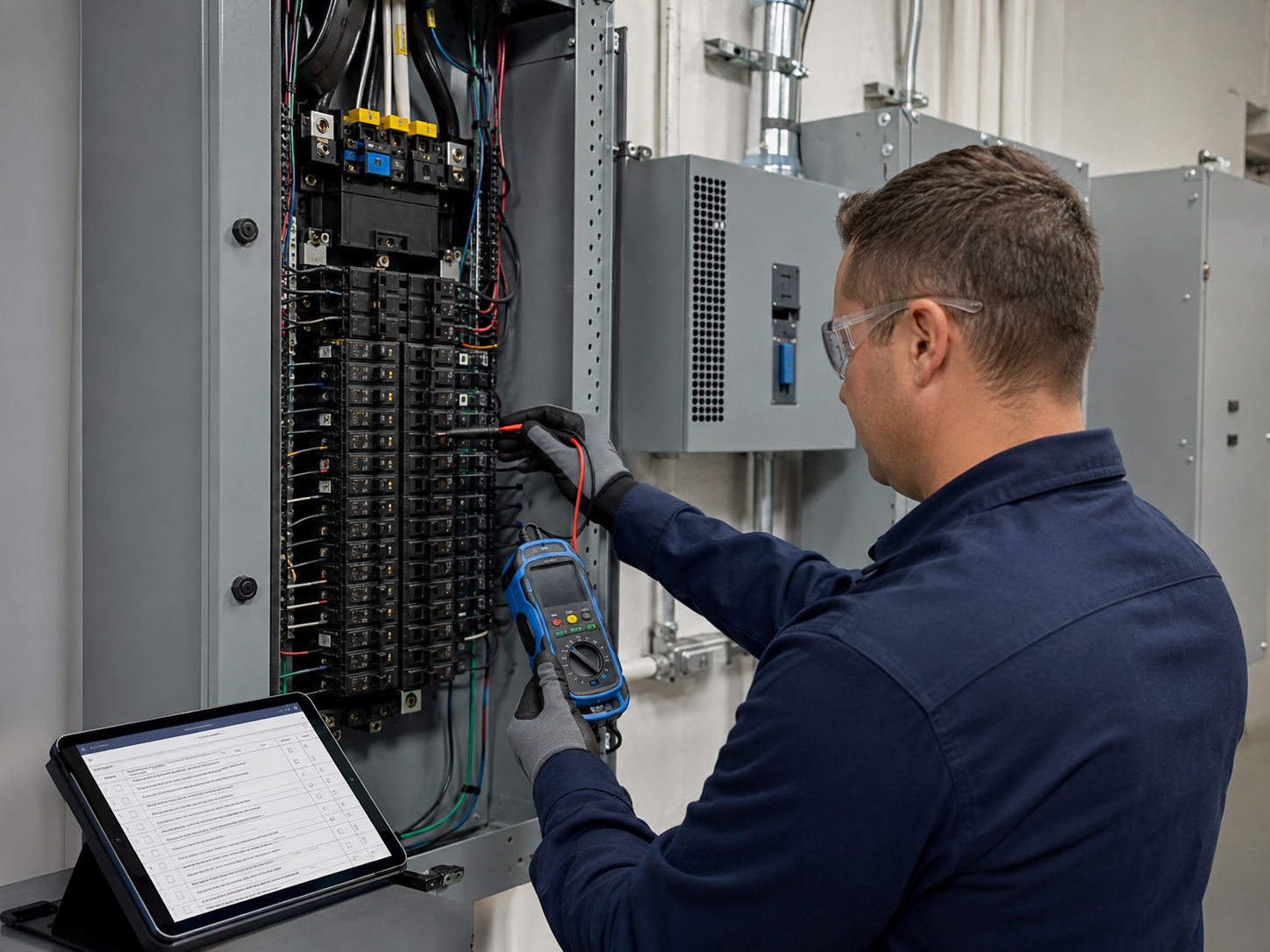 Technician verifying EV charger circuits in a commercial electrical panel