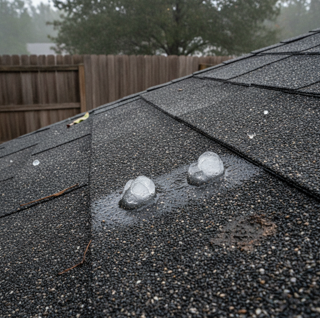 hail damaged asphalt shingles on residential roof