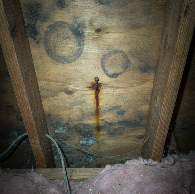 weathered plywood roof sheathing with dark water stains