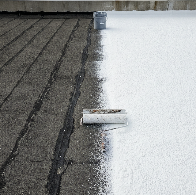 worker applying rubbery roof coating over flat roof