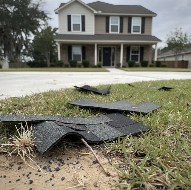 cracked asphalt shingles scattered on grassy yard after storm
