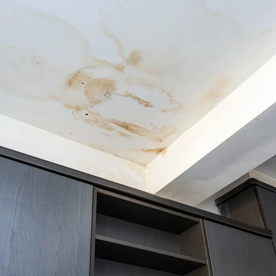 Brown ceiling water stains and moisture damage above dark cabinets caused by leaking roof during heavy Louisiana rainstorm inside home.
