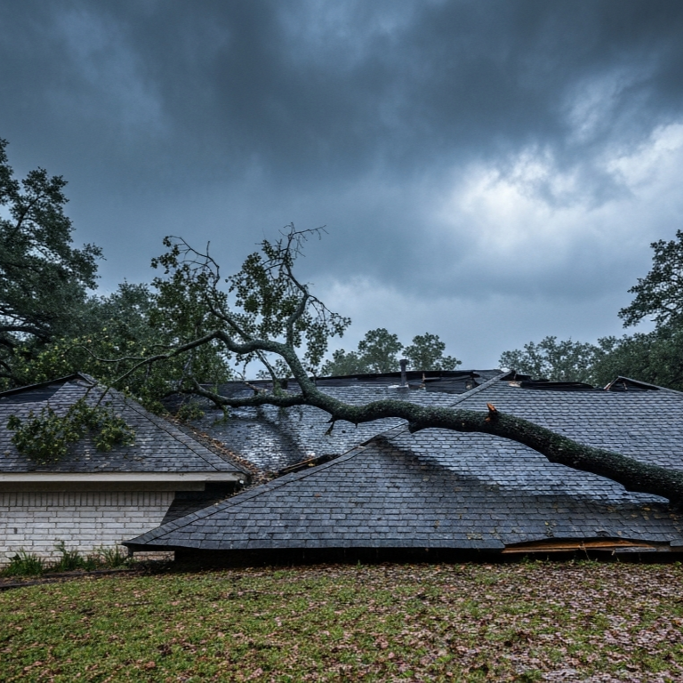 Large fallen tree resting across storm-damaged residential roof during severe weather before emergency roof tarping and structural repair work.
