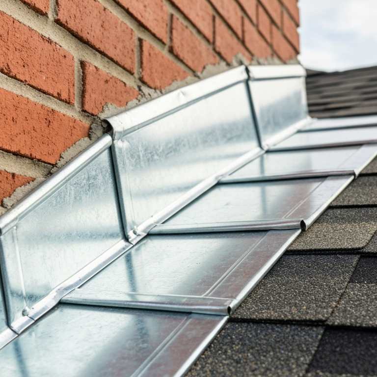Close-up of metal chimney flashing integrated with asphalt shingles and brick chimney during residential roof waterproofing installation or repair.