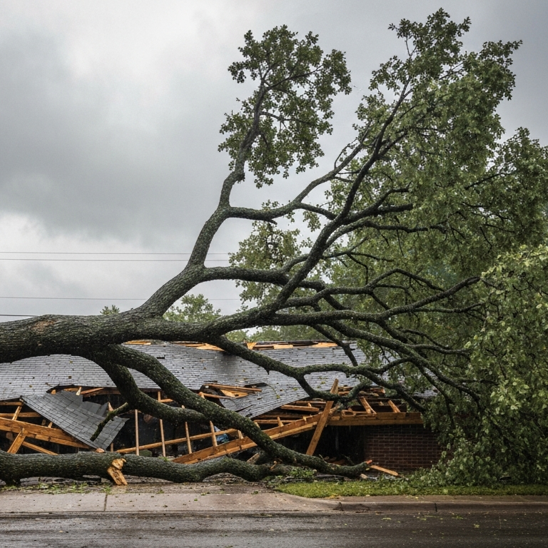 Large tree collapsed onto residential roof after Louisiana storm, damaging shingles, framing, and home structure during severe weather event.