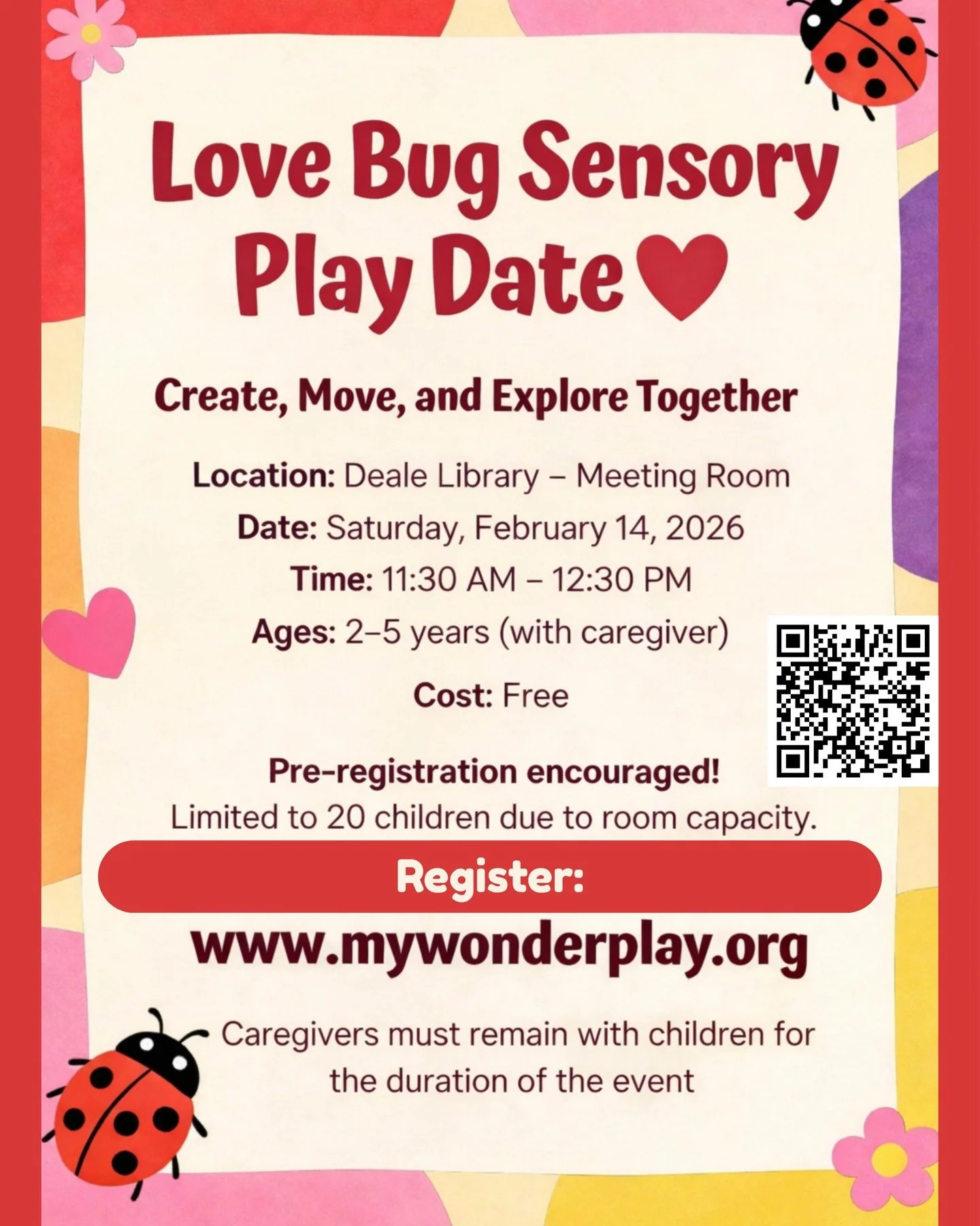 🐞💗 Love Bug Sensory Play Date 💗🐞
Create, Move, and Explore Together!

Celebrate Valentine&rsquo;s Day with your little love at this FREE, hands-on sensory play date designed just for ages 2&ndash;5 and their caregivers.

✨ 5 playful sensory stati