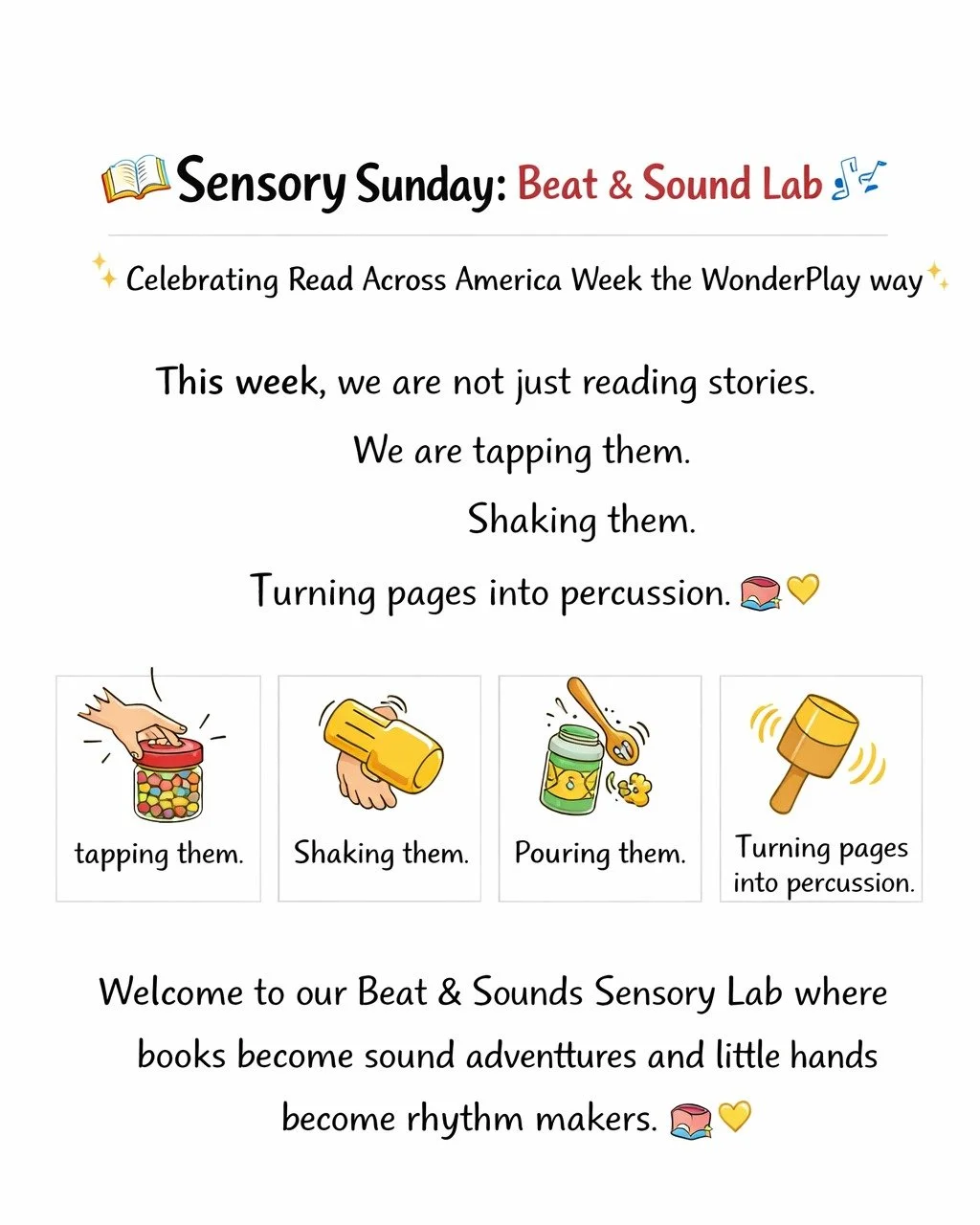 Sensory Sunday: Beat &amp; Sound Lab

✨ Read Across America Week &mdash; the WonderPlay way ✨

Turn your read-aloud into a rhythm adventure.

This week we are not just reading stories&hellip;

We are tapping them.
Shaking them.
Pouring them.
Turning 