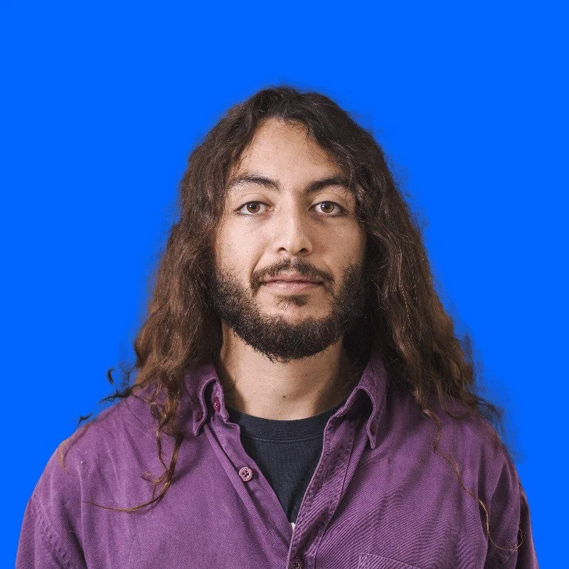 Portrait of a man with long hair and beard wearing a purple shirt against a blue background.