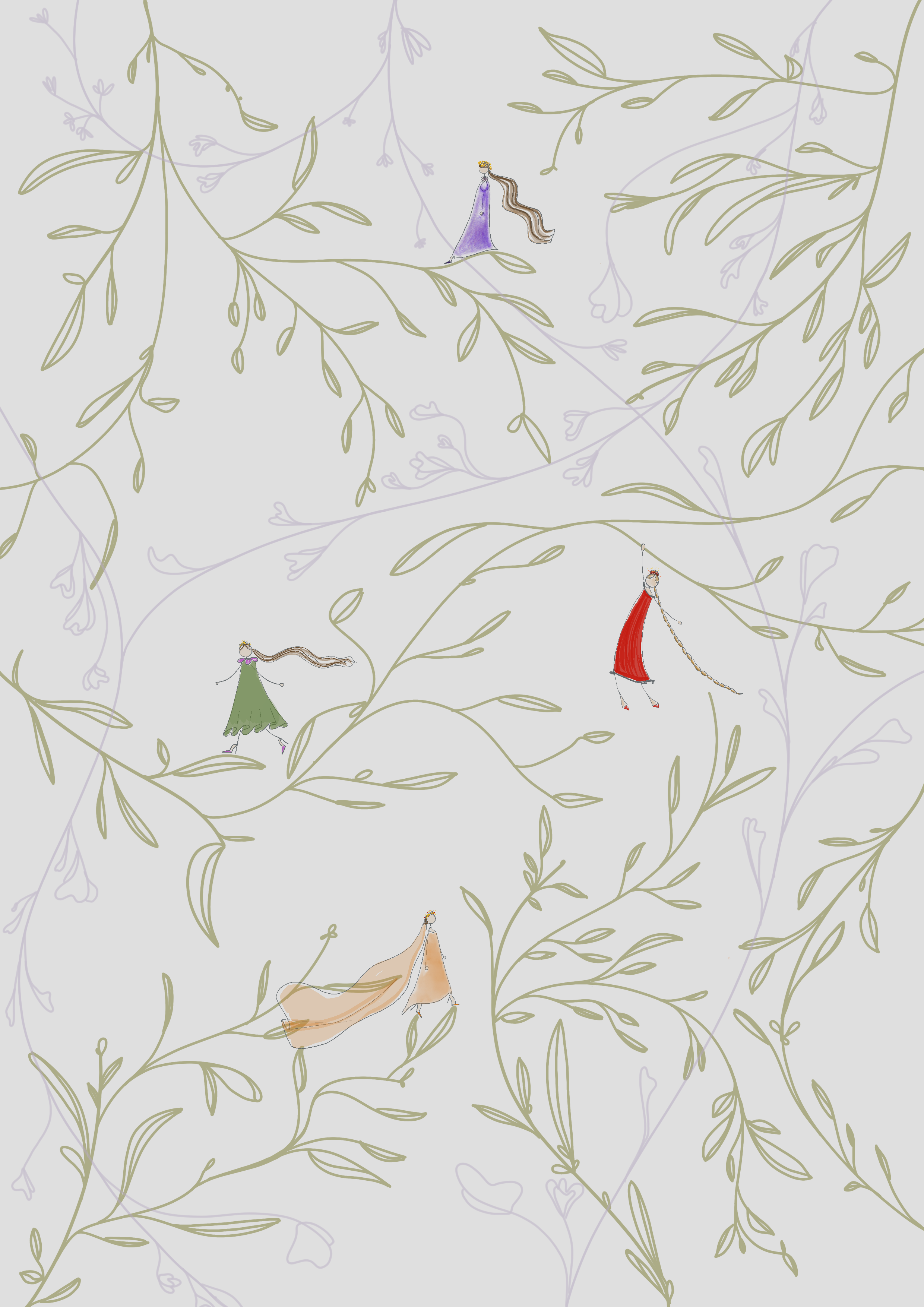 Illustration of four women with long flowing hair in different colored dresses, walking on a background of light gray with green vine and leaf patterns.