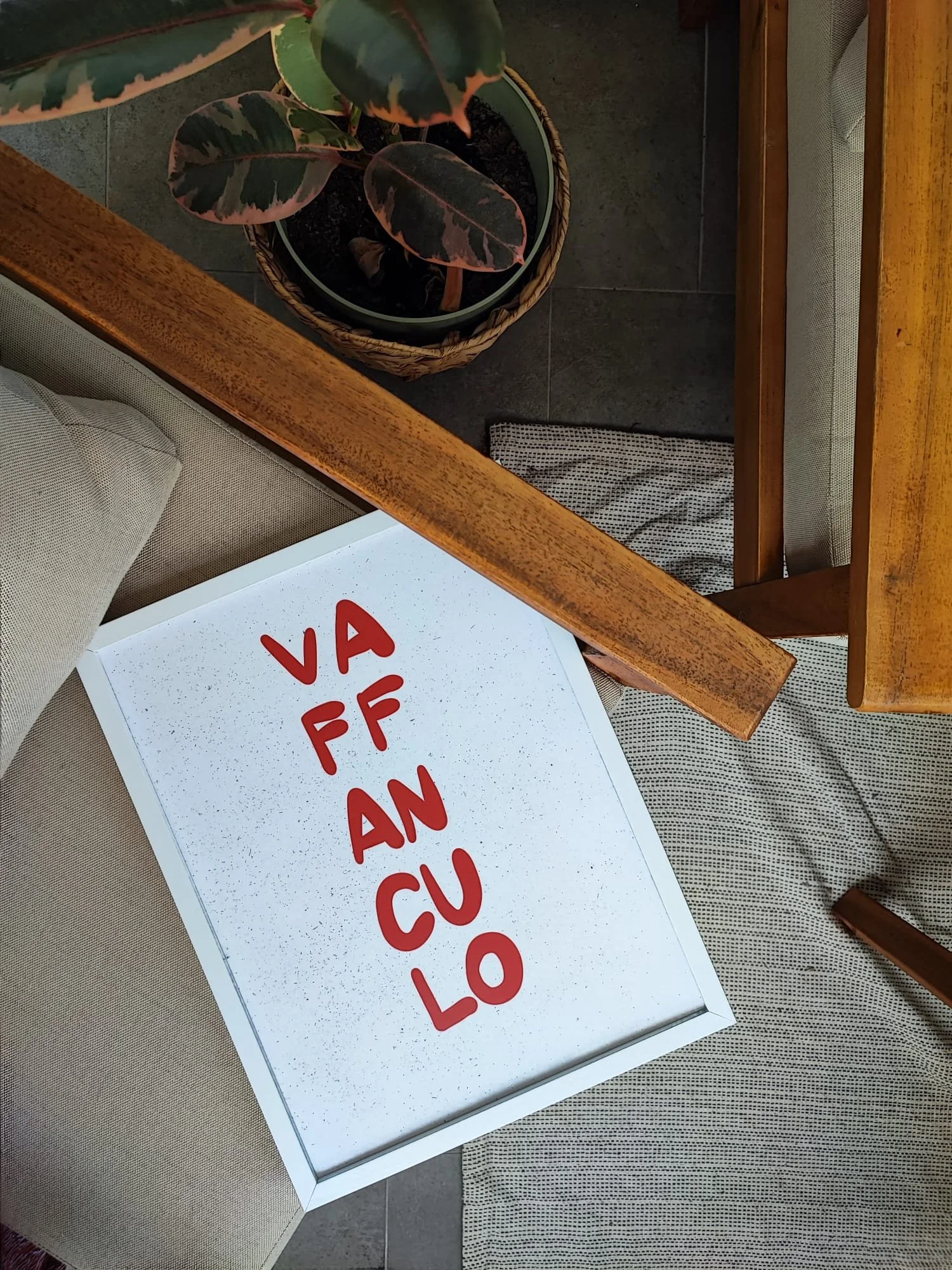 A white signboard with red letters spelling "VAFANCULO" in a vertical pattern, placed on a beige surface beside a green potted plant with pink and green variegated leaves, and a wooden table.