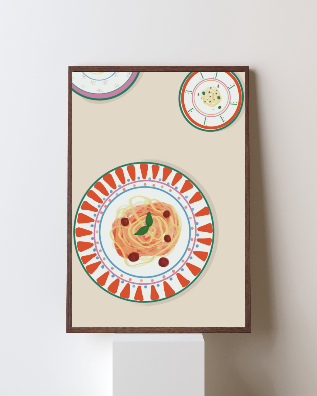 Colorful illustration of a plate of spaghetti with basil and cherry tomatoes, with two smaller plates of food in the background.