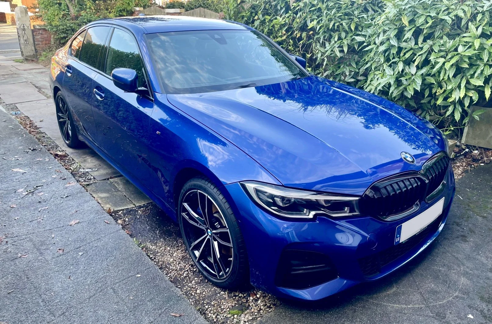 A blue BMW sedan parked on the side of a street next to a sidewalk and a green hedge.