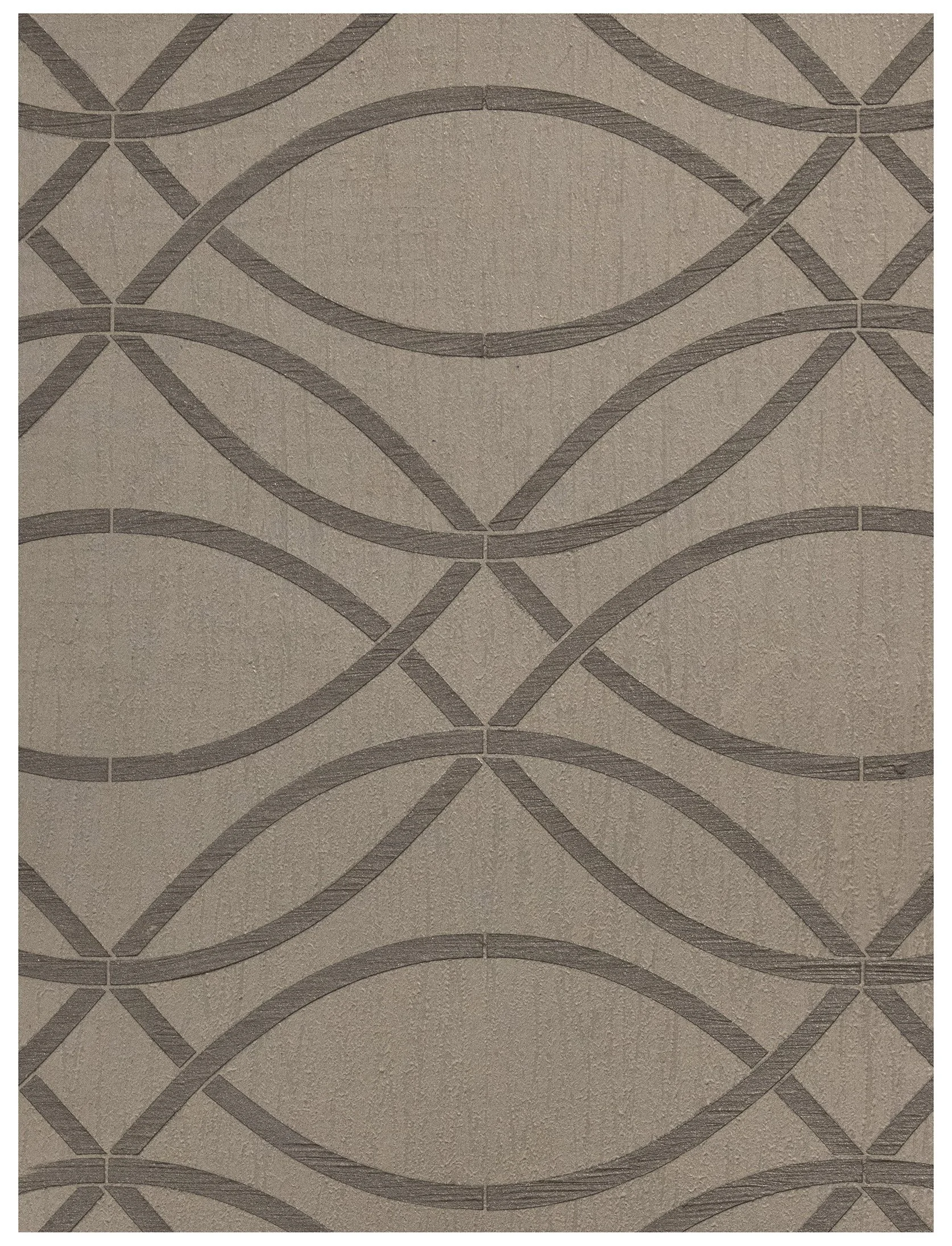 Close-up of a patterned tile or wallpaper with overlapping circular and diamond shapes in shades of brown and beige.