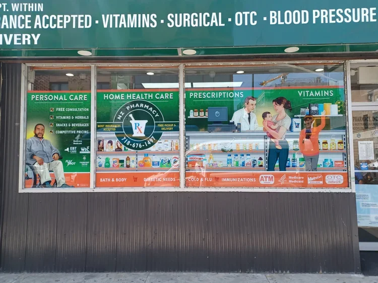 Pharmacy storefront window with signs for personal care, home health care, prescriptions, and vitamins. Illustrations of a man sitting, a pharmacist at a computer, a woman with a child, and shelves of medicines and health products.