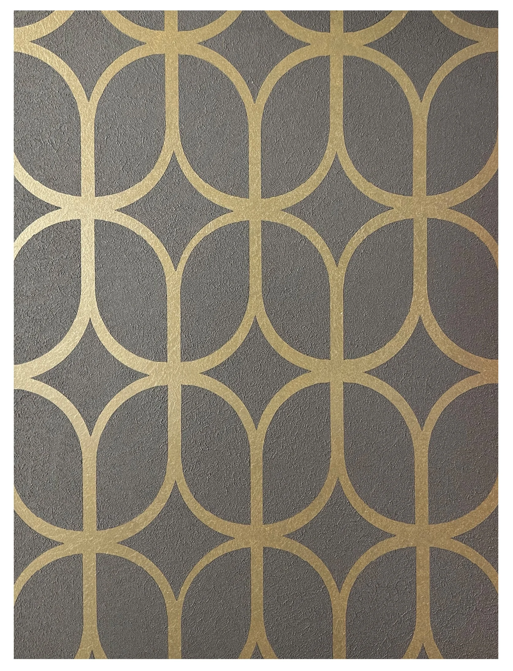 Pattern of gold interconnected circles and lines on a gray textured background.