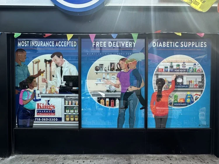 Storefront window advertising pharmacy services, including insurance acceptance, free delivery, and diabetic supplies, with illustrations of people shopping and pharmacy products.