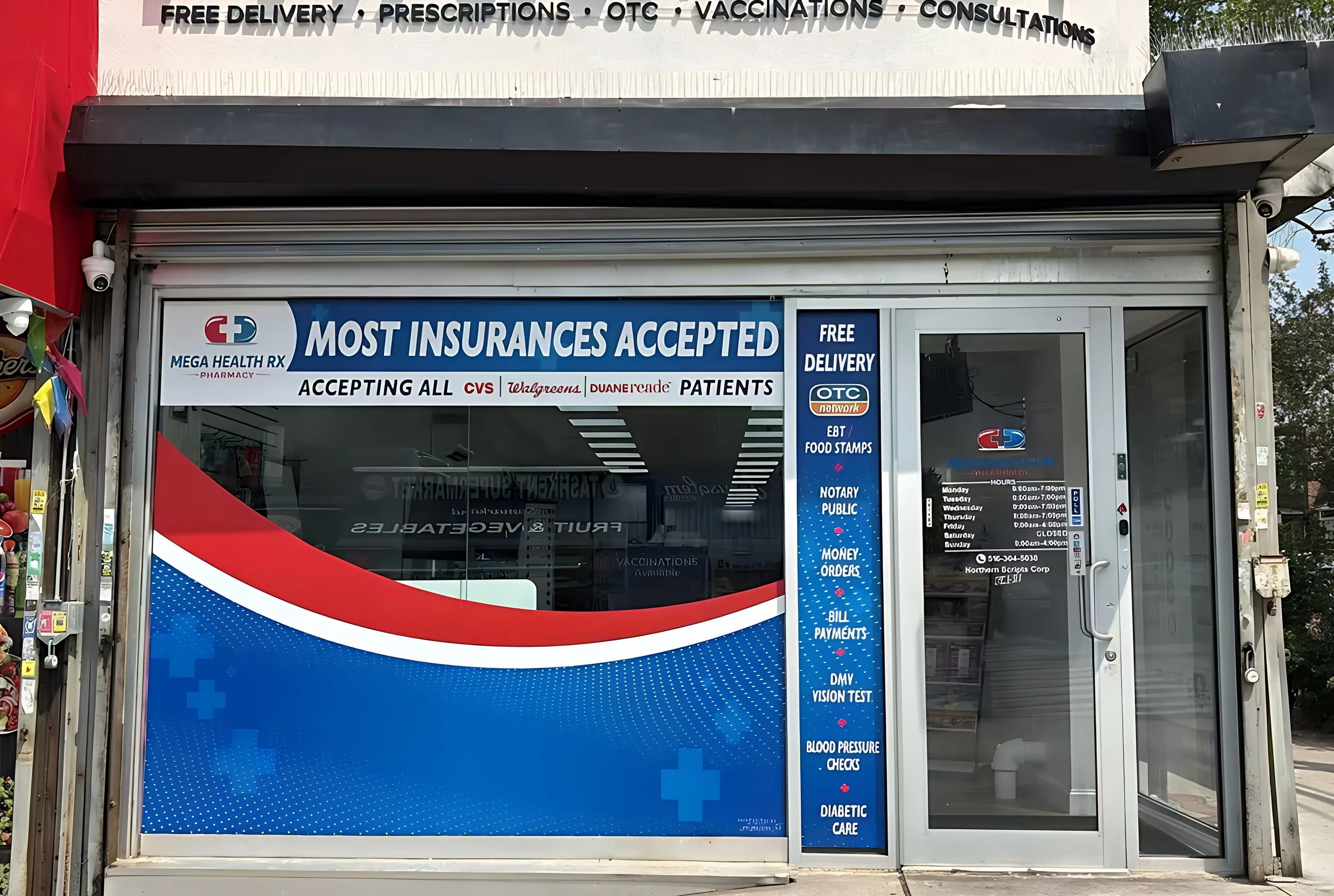 Custom storefront window vinyl for an independent pharmacy, designed by Painted Pieces Art & Graphics.