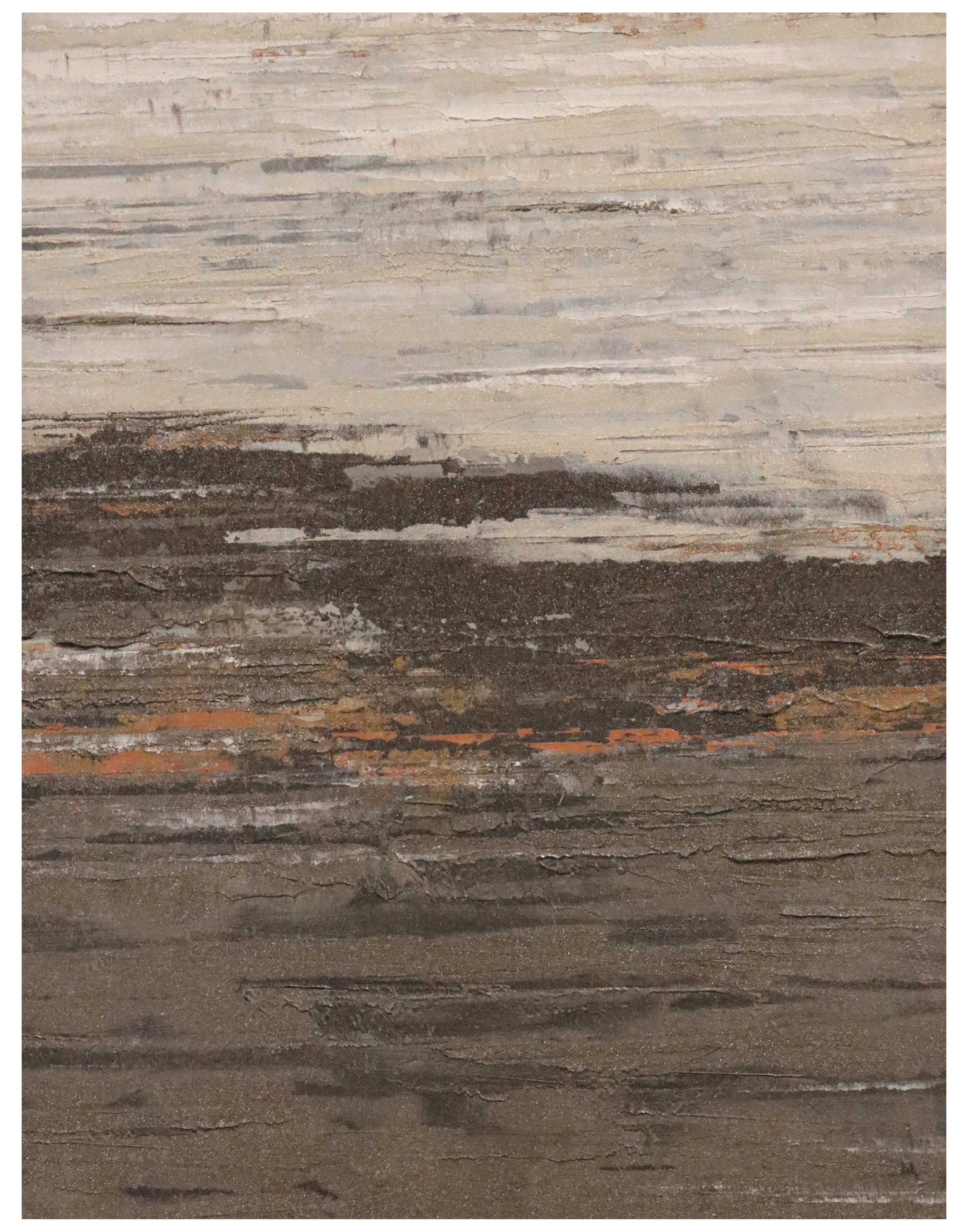 Close-up of a textured, weathered wooden surface with horizontal grain patterns and varied shades of brown, gray, and orange.