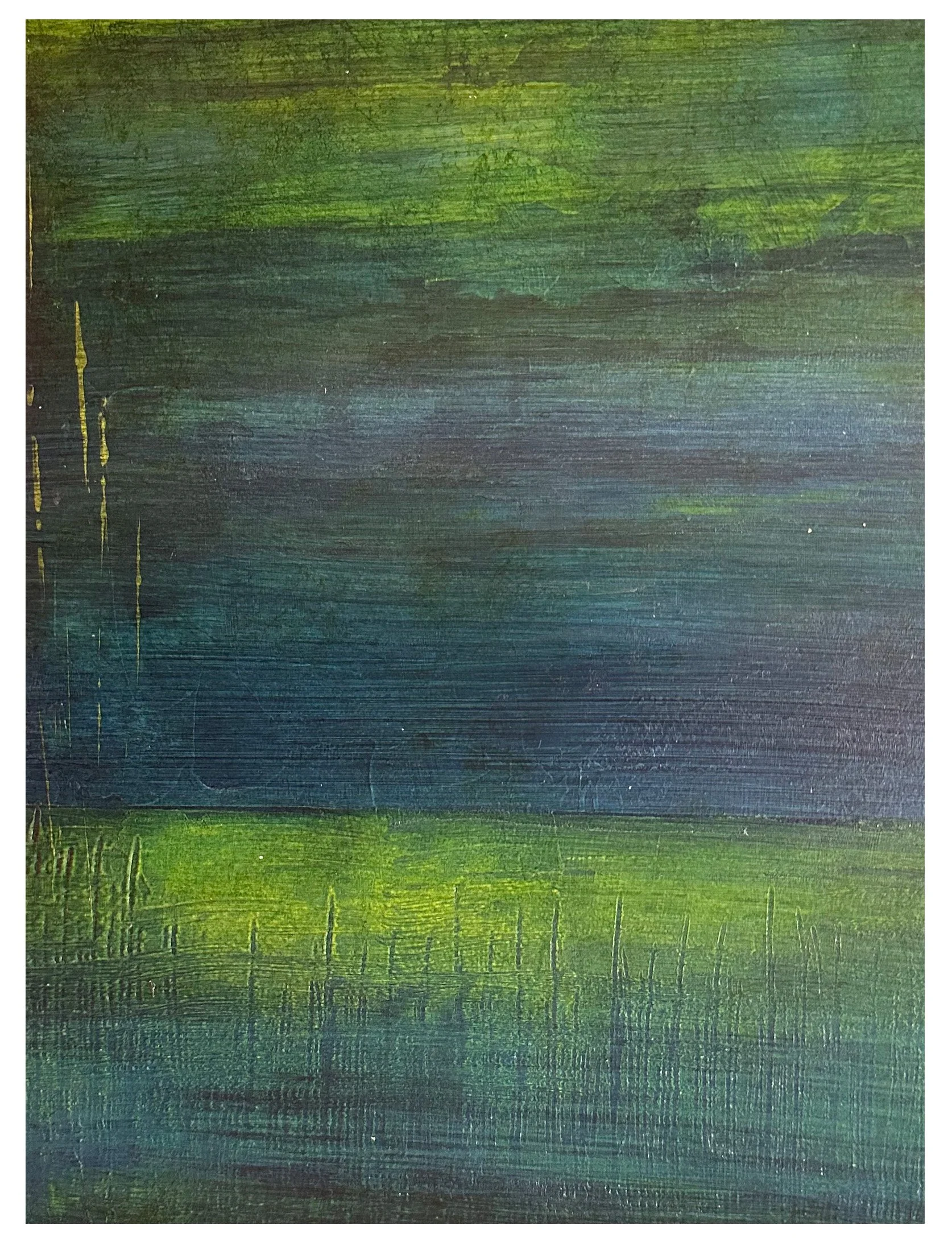 An abstract painting with horizontal brushstrokes in shades of green, blue, and purple, with vertical streaks of yellow on the left side.