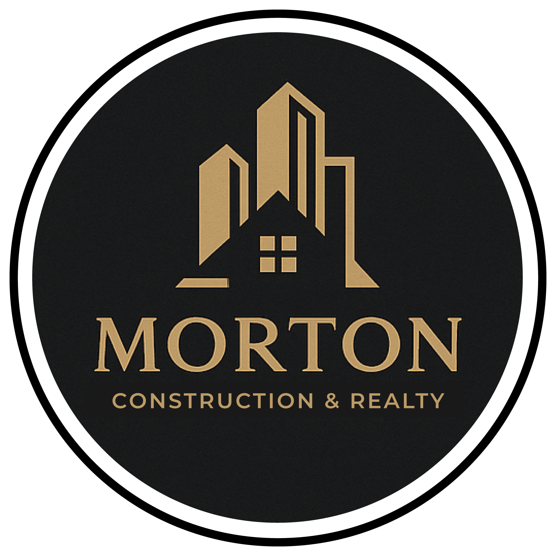 Logo for Morton Construction & Realty featuring stylized gold skyscrapers and houses on a black background.