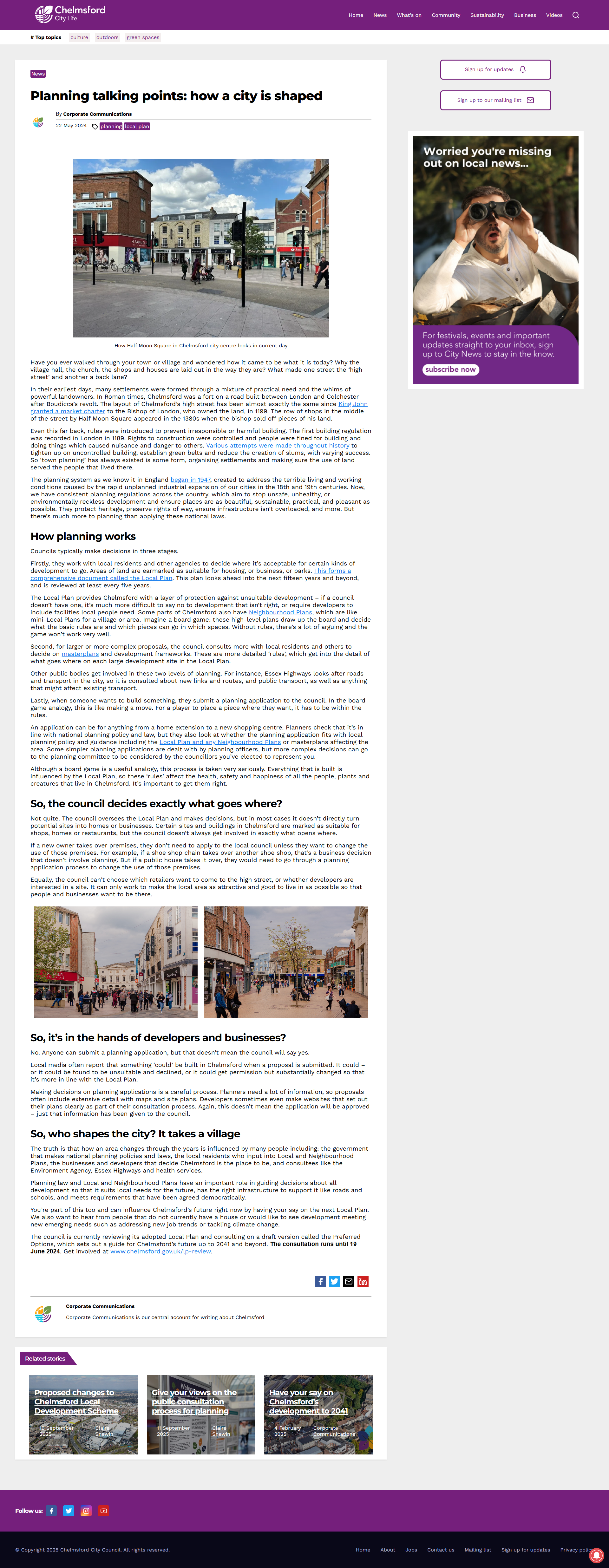 Webpage from a council newssite, showing a High Street and a headline saying 'How a city is shaped'